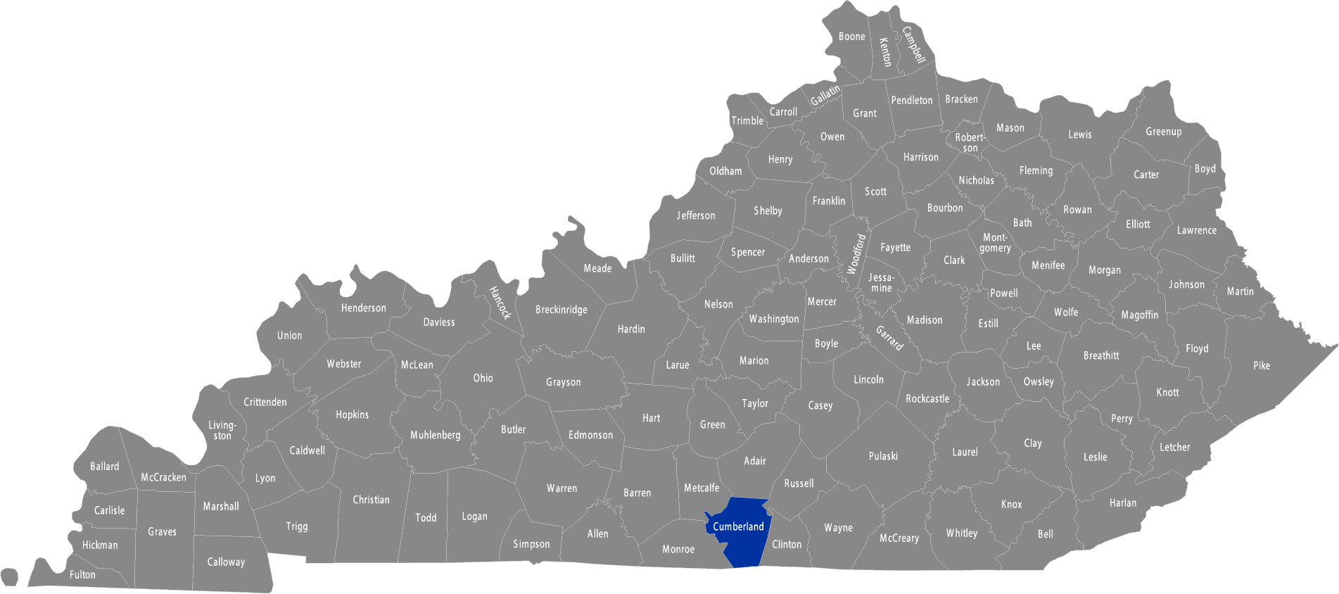State of Kentucky map with Cumberland County highlighted 